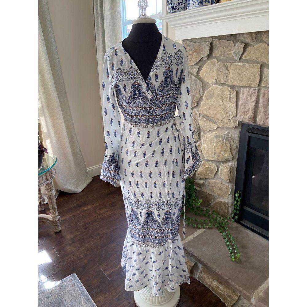 Blue Paisley Long Sleeve Wrap-Style Maxi Dress